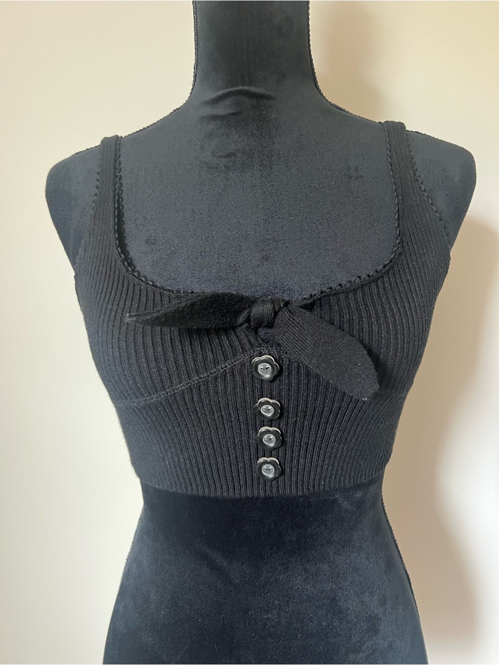 For Love & Lemons Black Ribbed Knit with Bow and Floral Button Detail Size XS